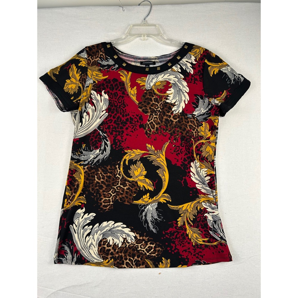 Notations Women Baroque Leopard Print Studded Neck Top Red Black Gold MITU2558 L